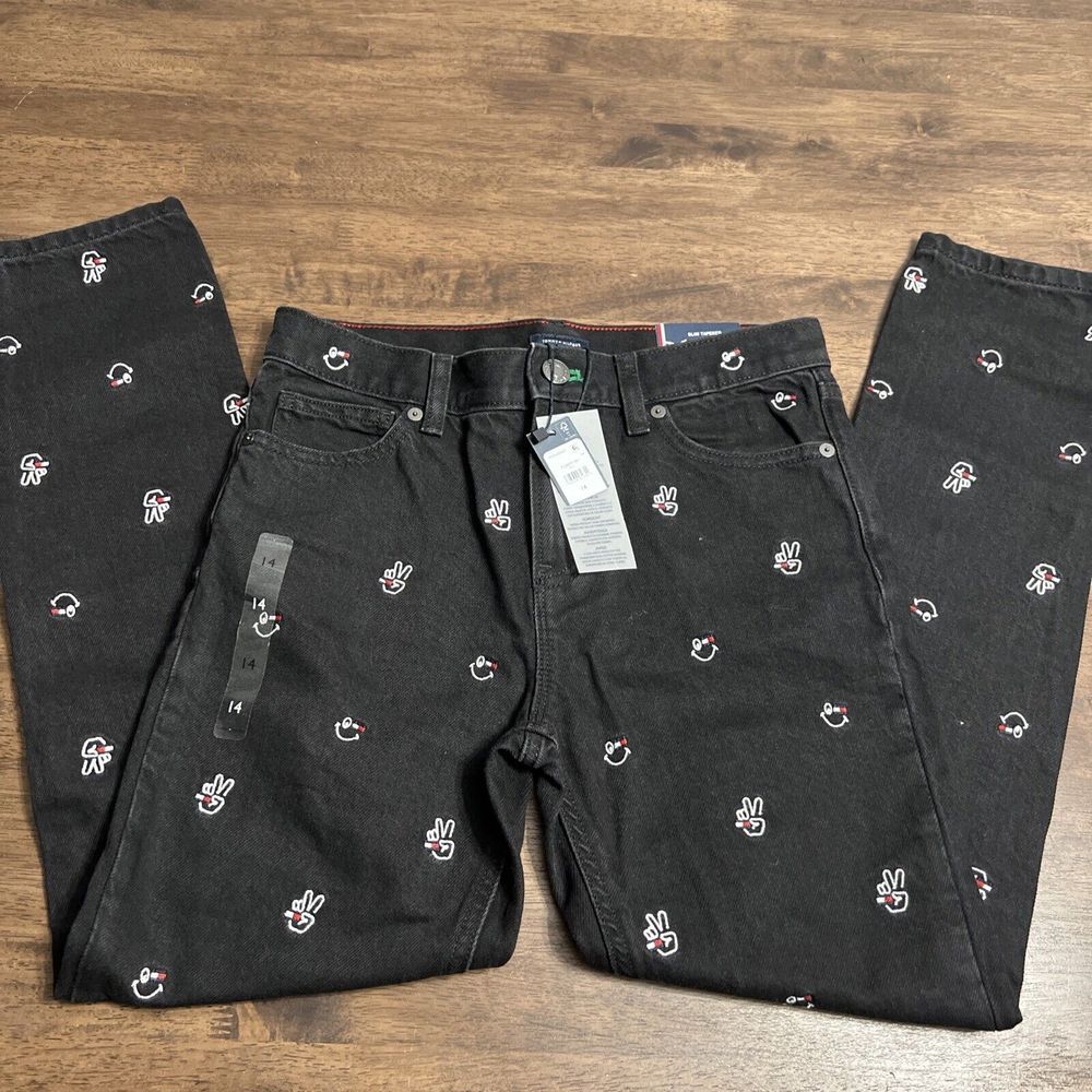 Vintage‎ Tommy  Denim Black Jeans Hilfiger PEACE  Logo 14 New W/ Tags Slim Taper